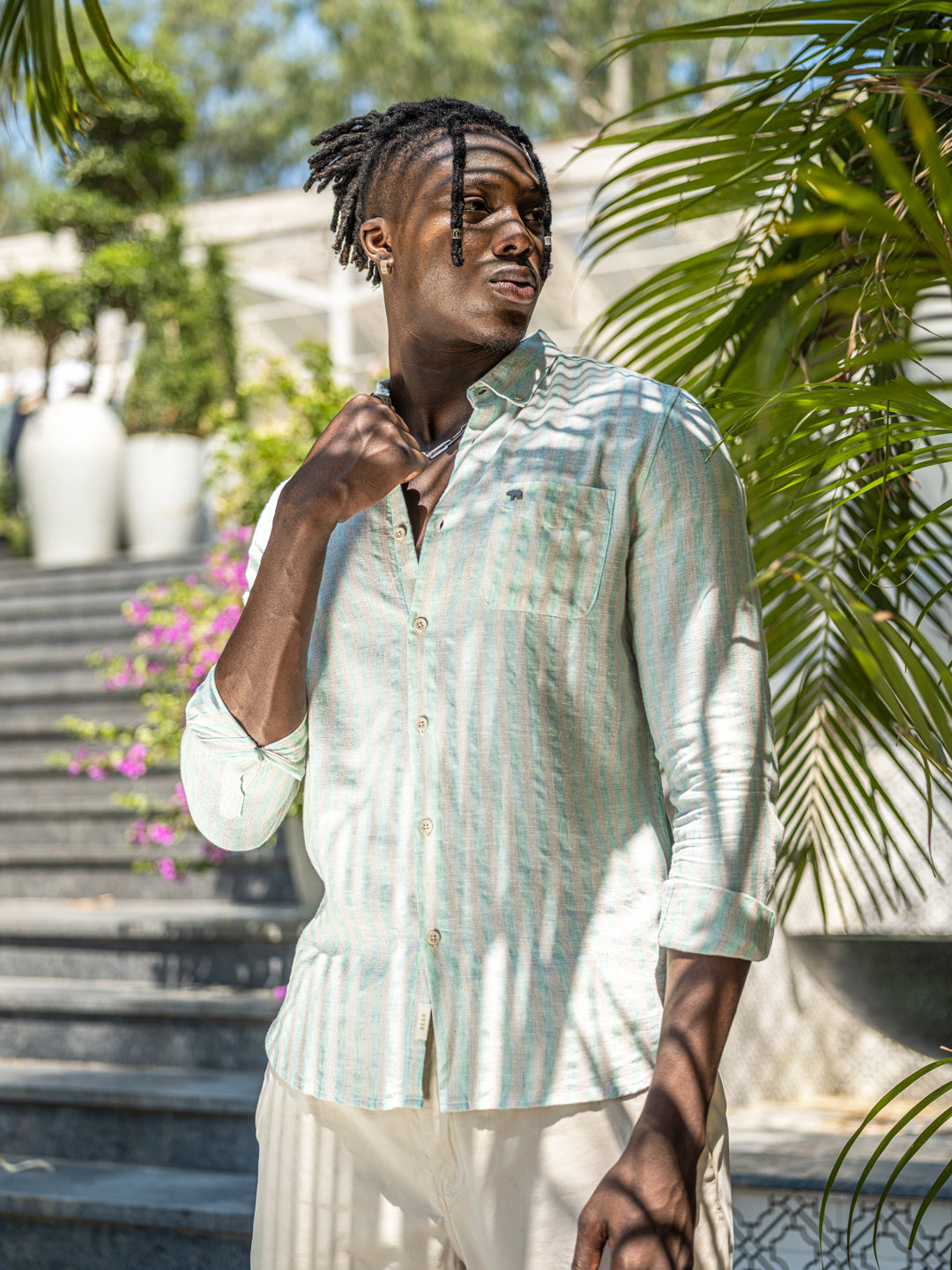 Bien - Men Green Vertical Striped Slim Fit Casual Shirt | The Bear House