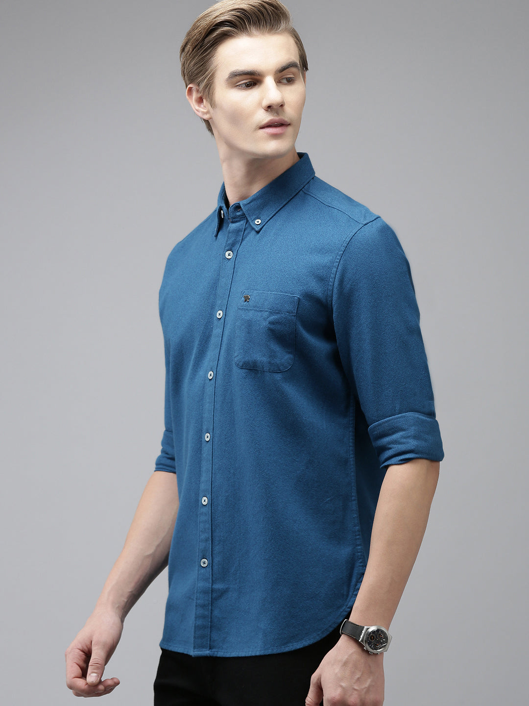 Alva - Men Blue Solid Slim Fit Flannel Cotton Casual Shirt | The Bear House