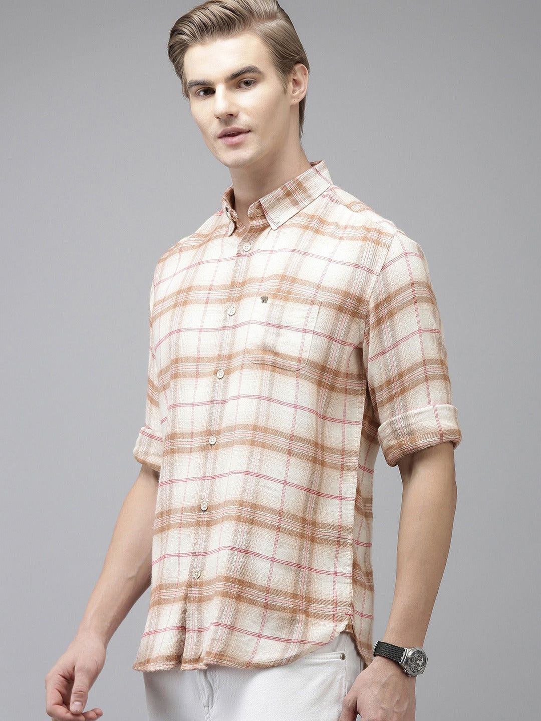 Auder - Men Cream Checked Slim Fit Flannel Cotton Casual Shirt | The Bear House