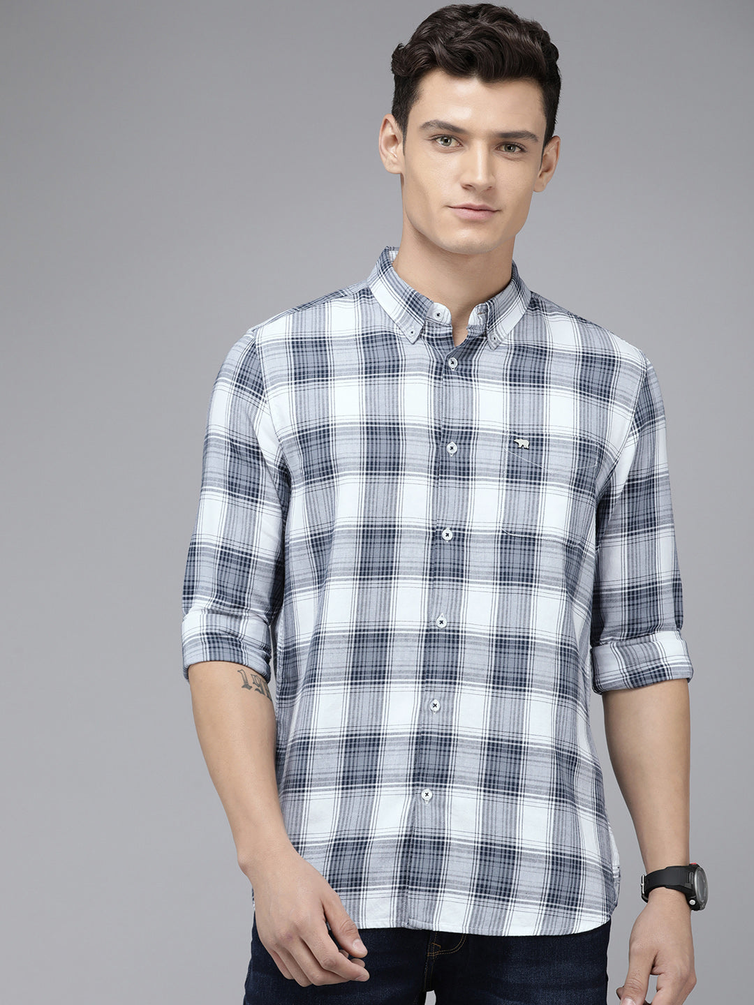 Binary - Men Blue Checked Slim Fit Cotton Casual Shirt | The Bear House