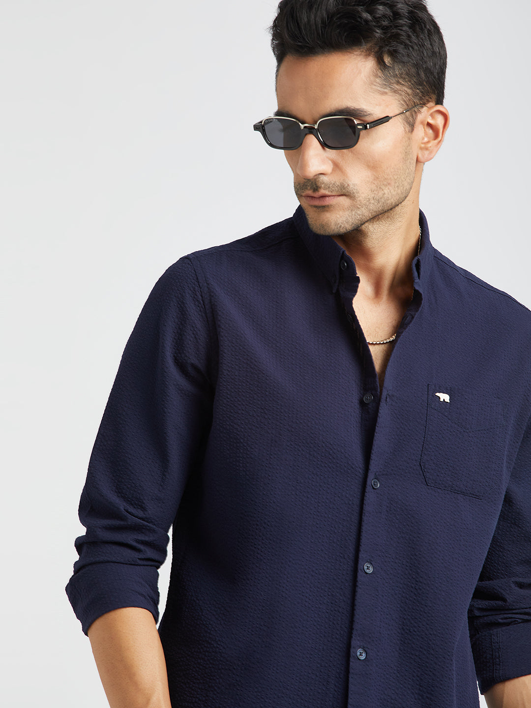 Busia - Men Blue Self Design Slim Fit Cotton Casual Shirt | The Bear House