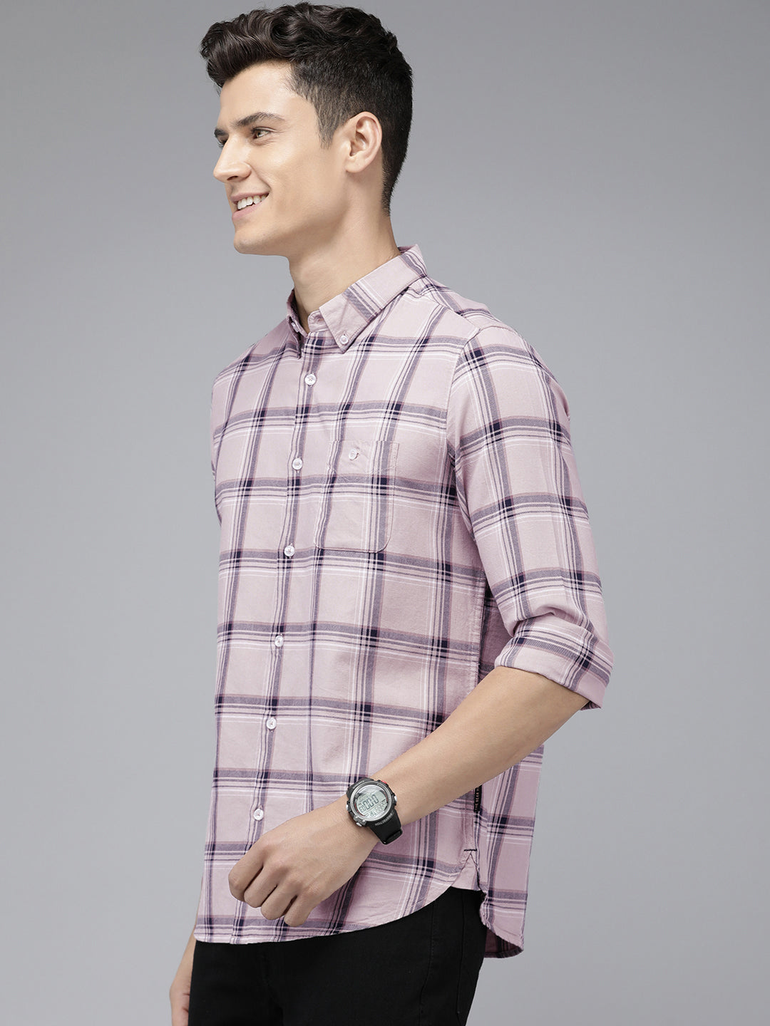 Dilon - Men Pink Checked Slim Fit Cotton Casual Shirt | The Bear House