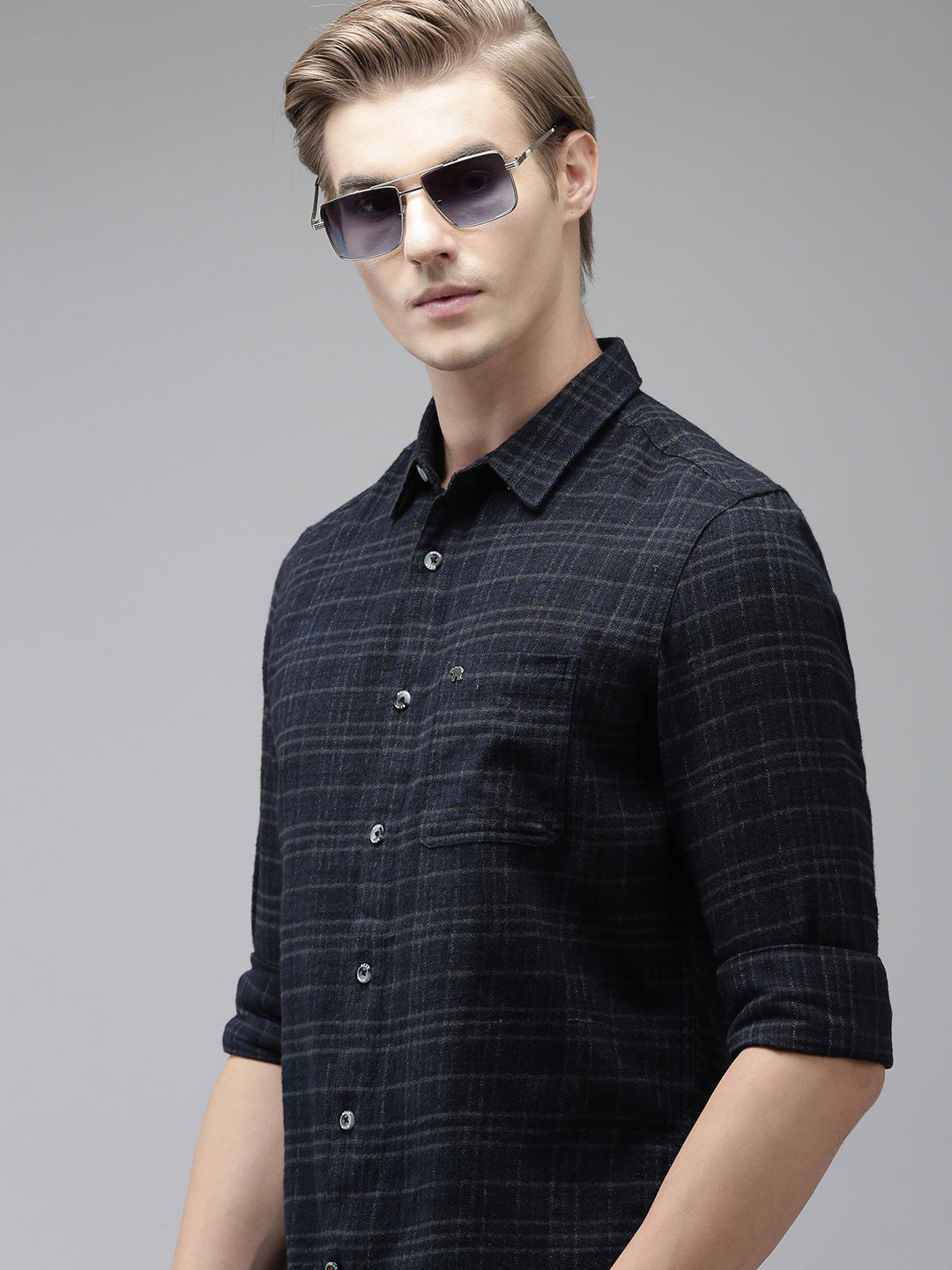 Dupa - Men Navy Blue Checked Slim Fit Cotton Casual Shirt | The Bear House