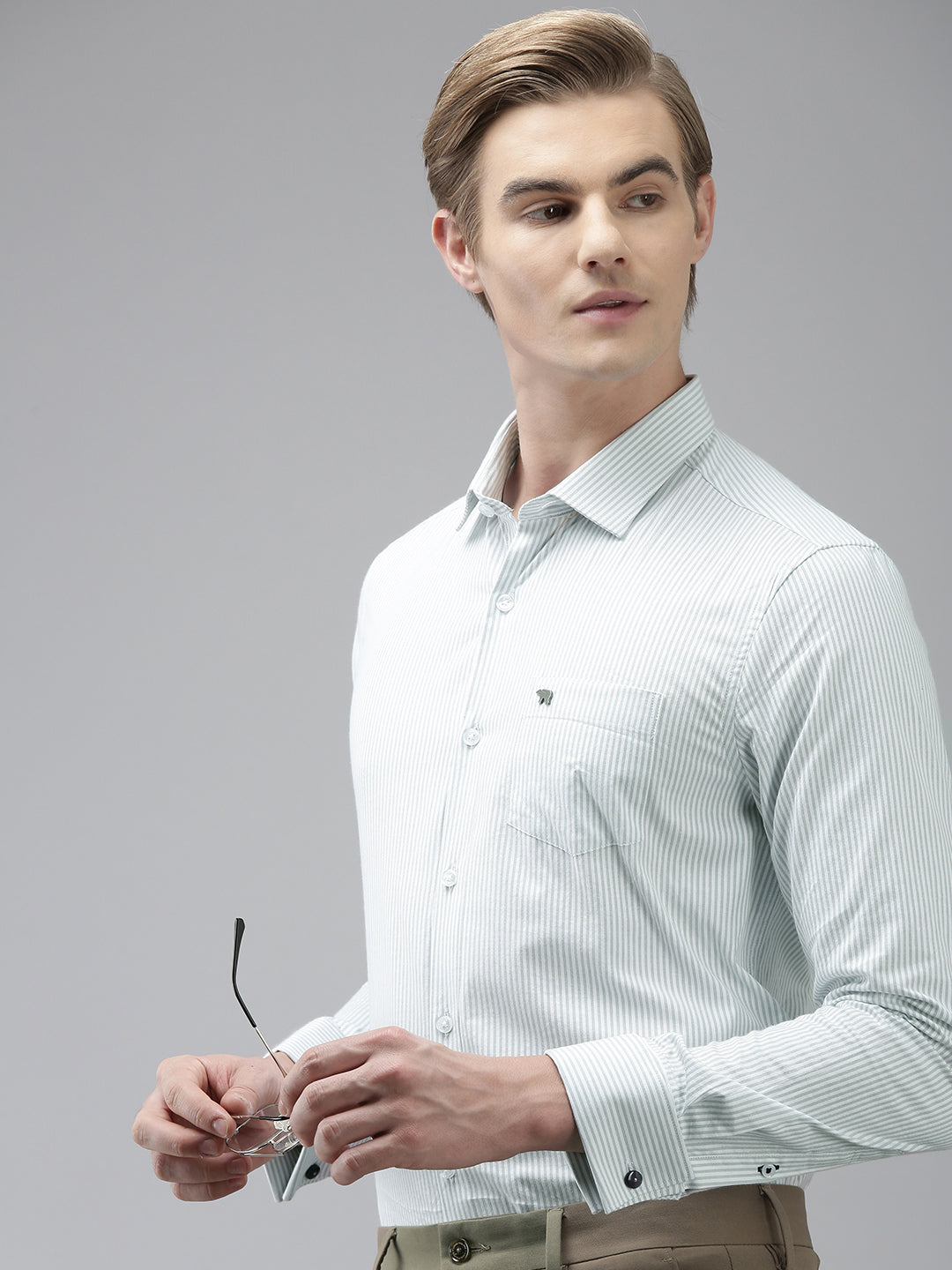 Men Grey Pinstriped Slim Fit Cotton Formal Shirt With French Cuff