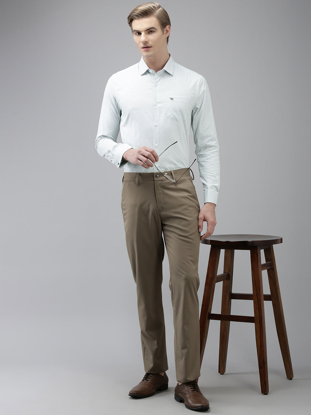 Men Grey Pinstriped Slim Fit Cotton Formal Shirt With French Cuff