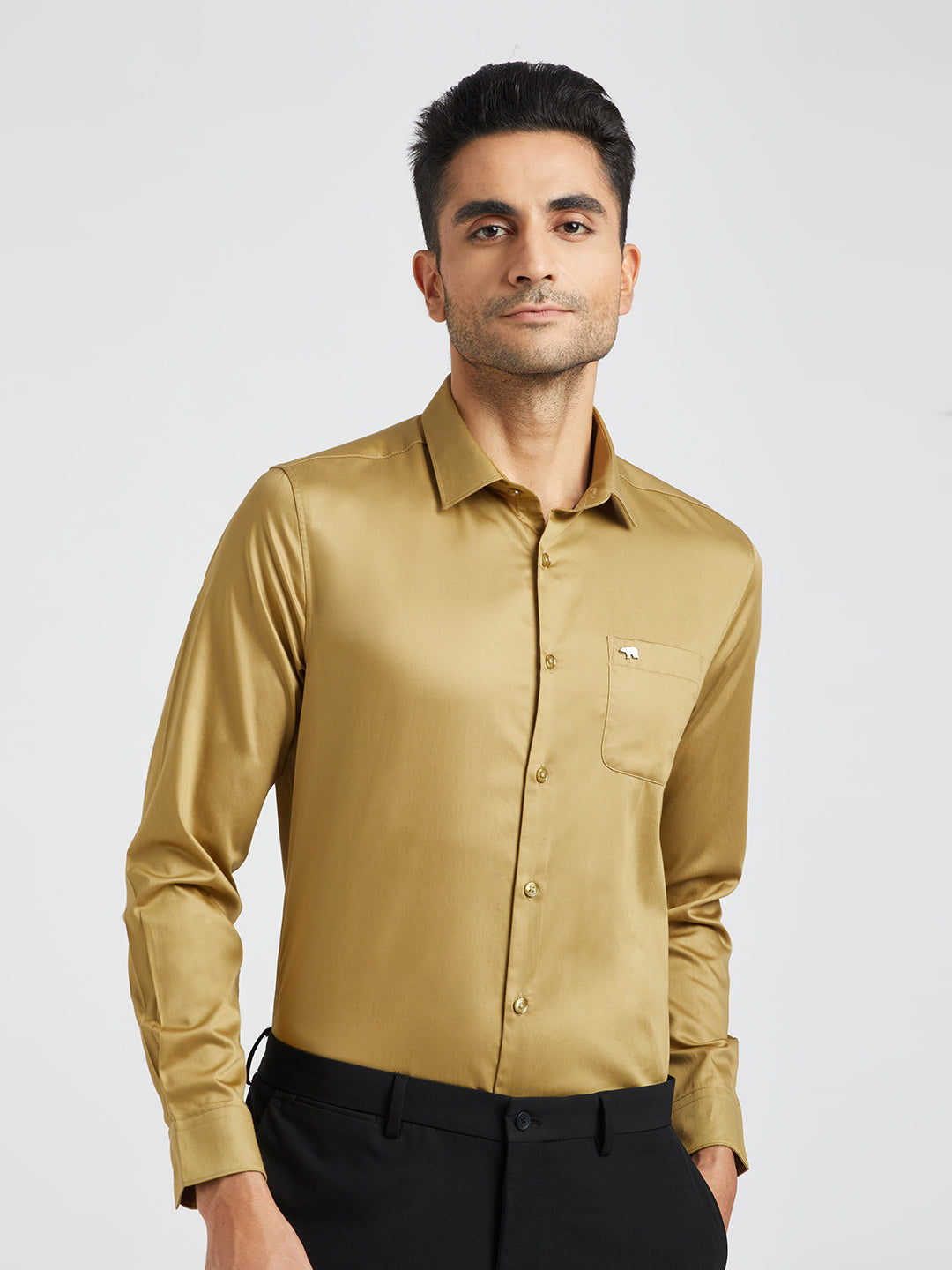 Men Yellow Solid Slim Egyptian Giza Cotton Formal Shirt