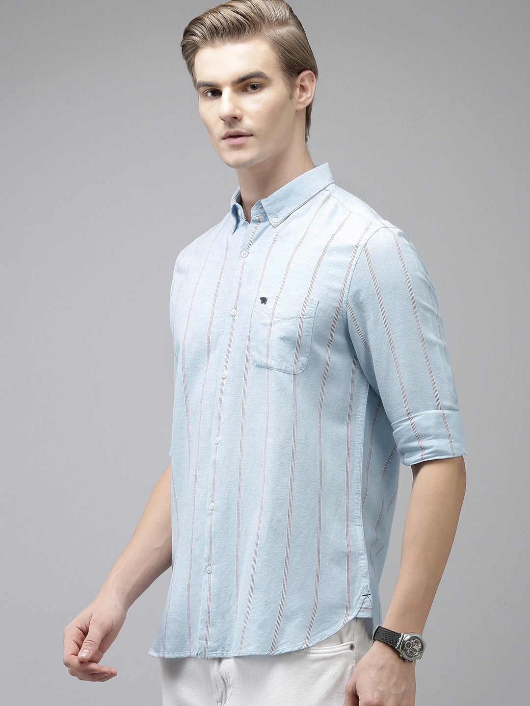 Esna - Men Blue Striped Slim Fit Cotton Casual Shirt | The Bear House