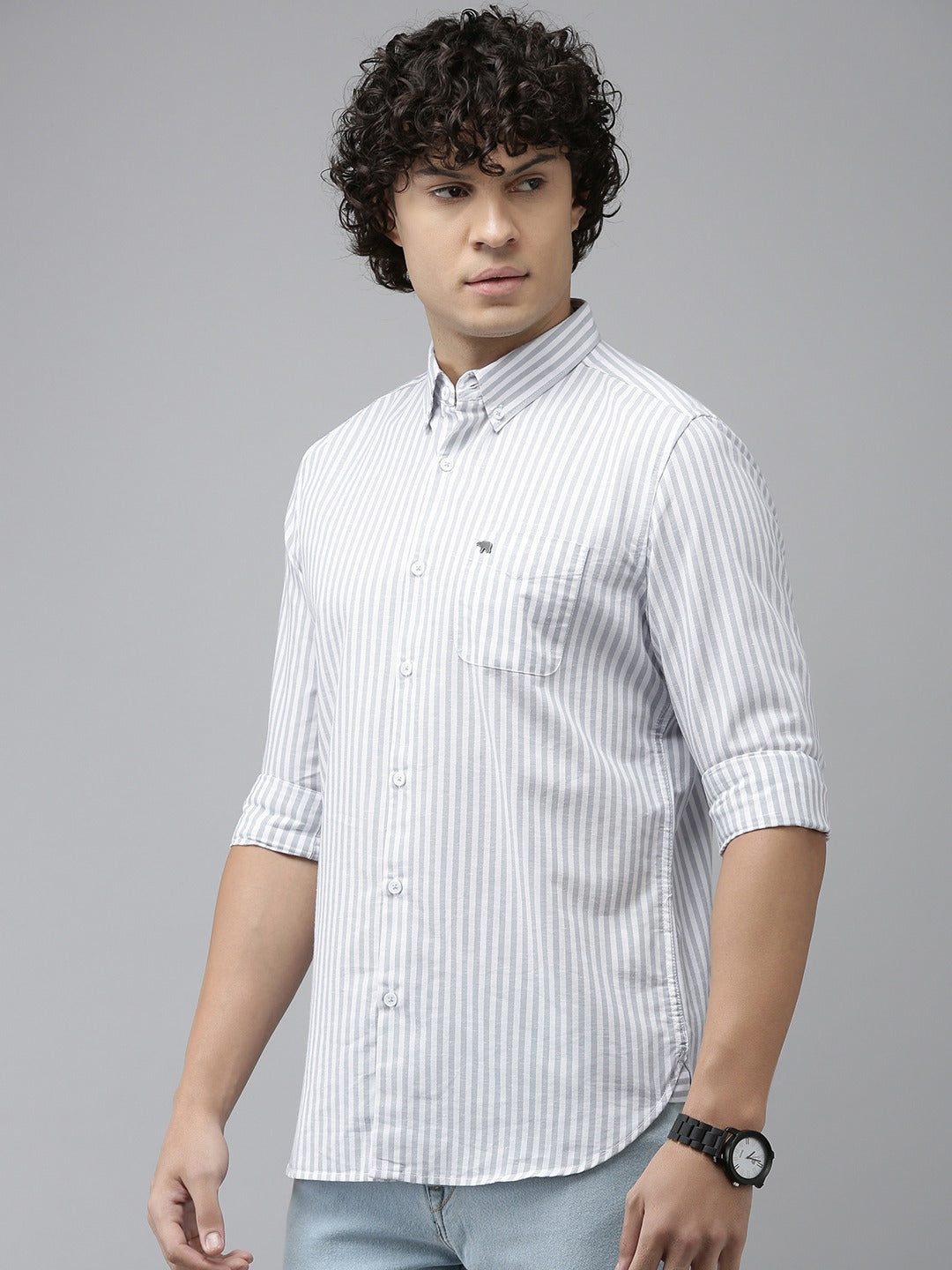 Forsa - Men Grey Striped Slim Fit Cotton Linen Casual Shirt | The Bear House