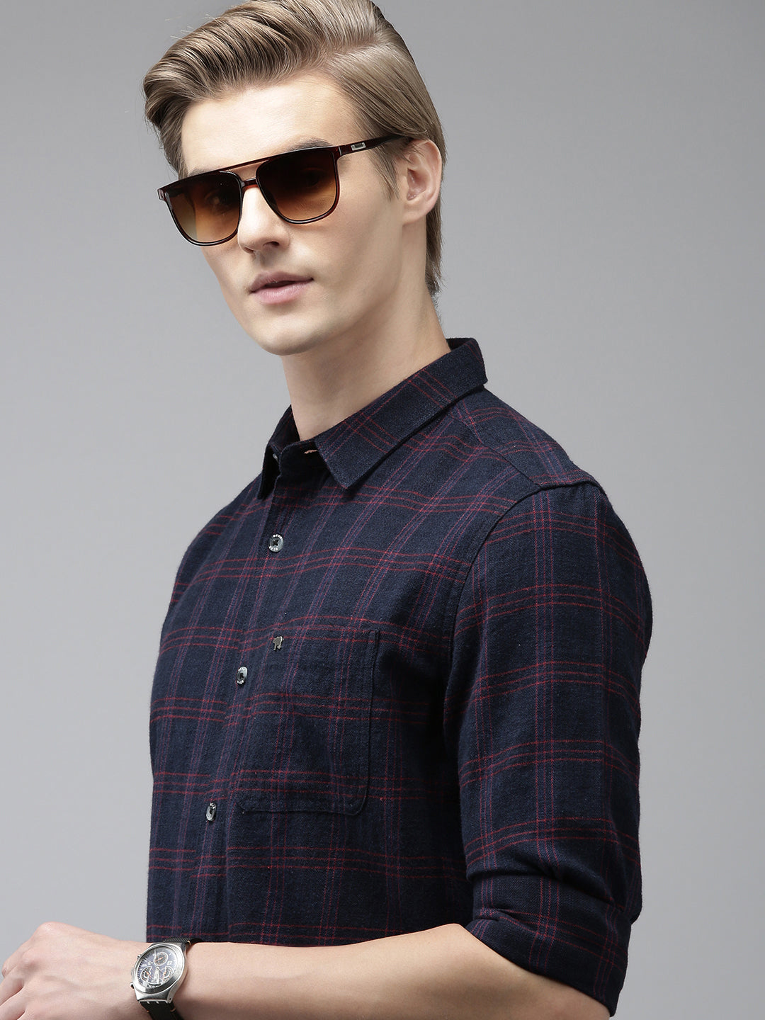 Gloria - Men Navy Blue Checked Slim Fit Cotton Casual Shirt | The Bear House