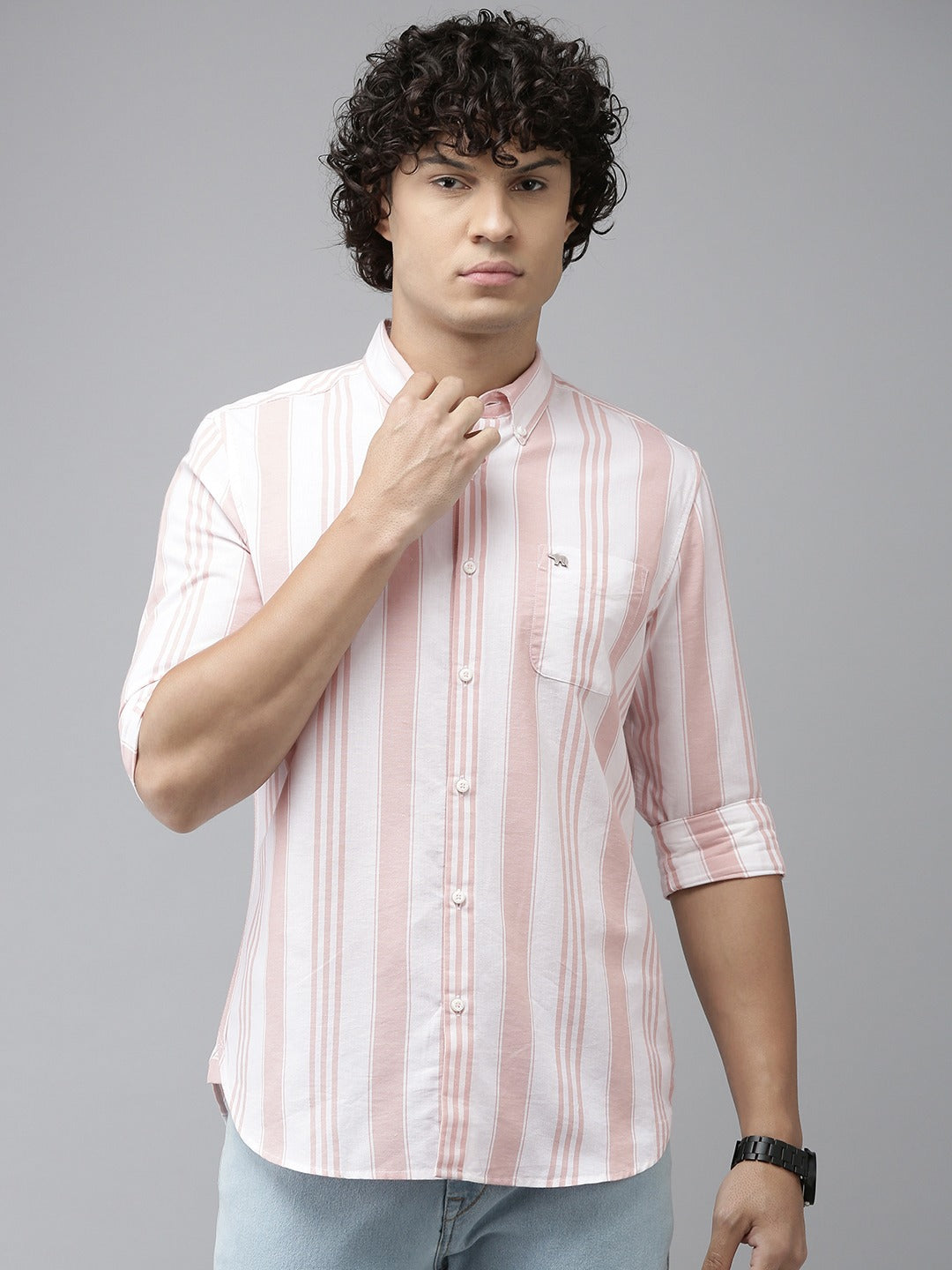 Helsin - Men Pink Striped Slim Fit Cotton Linen Casual Shirt | The Bear House