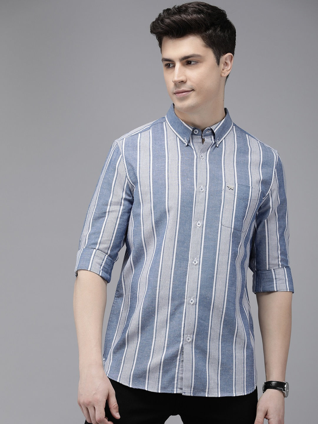 Kanus - Men Blue Striped Slim Fit Cotton Linen Casual Shirt | The Bear House
