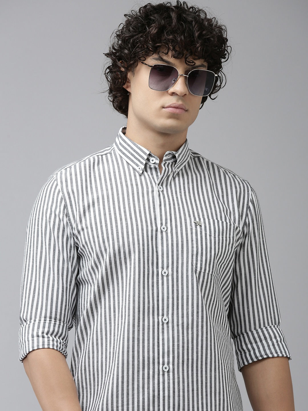 Kera - Men Grey Striped Slim Fit Cotton Linen Casual Shirt | The Bear House