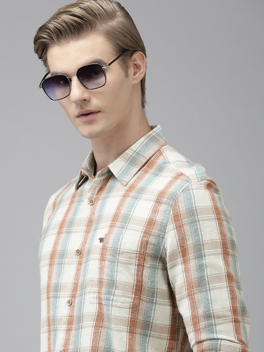 Krink - Men Beige Checked Slim Fit Cotton Casual Shirt | The Bear House