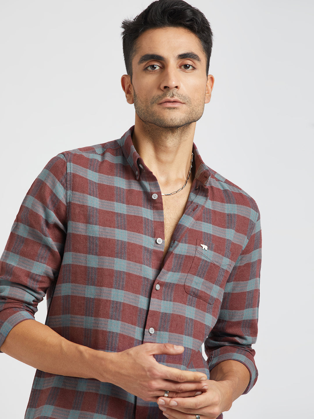 Malaz - Men Maroon Checked Slim Fit Cotton Casual Shirt | The Bear House