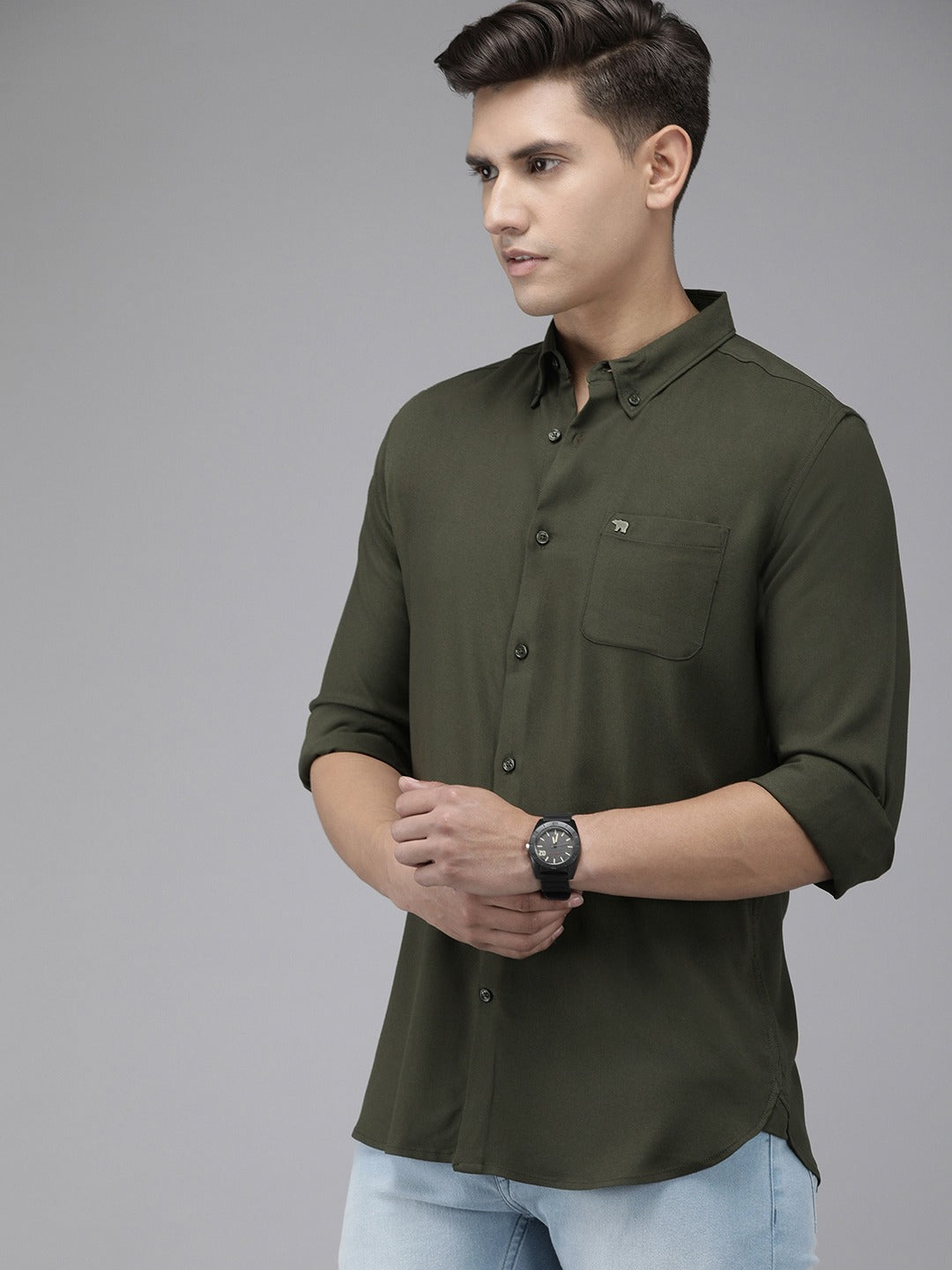Malt - Men's Olive Green Solid Slim Fit Rayon Casual Shirt | The Bear House