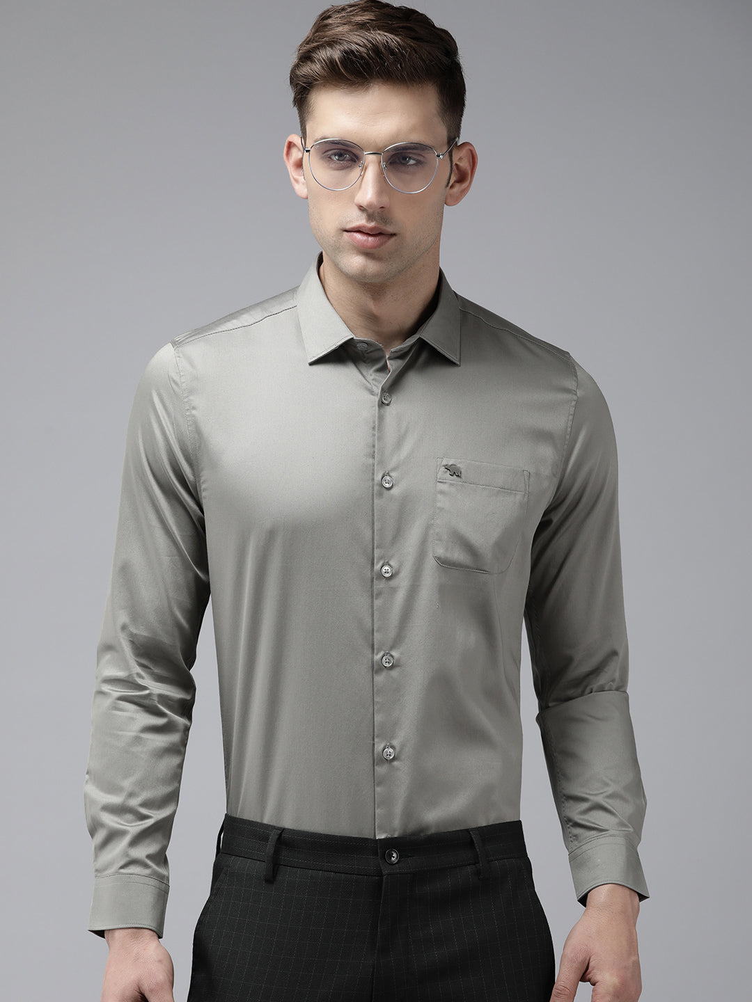 Men Grey Solid Slim Egyptian Giza Cotton Formal Shirt