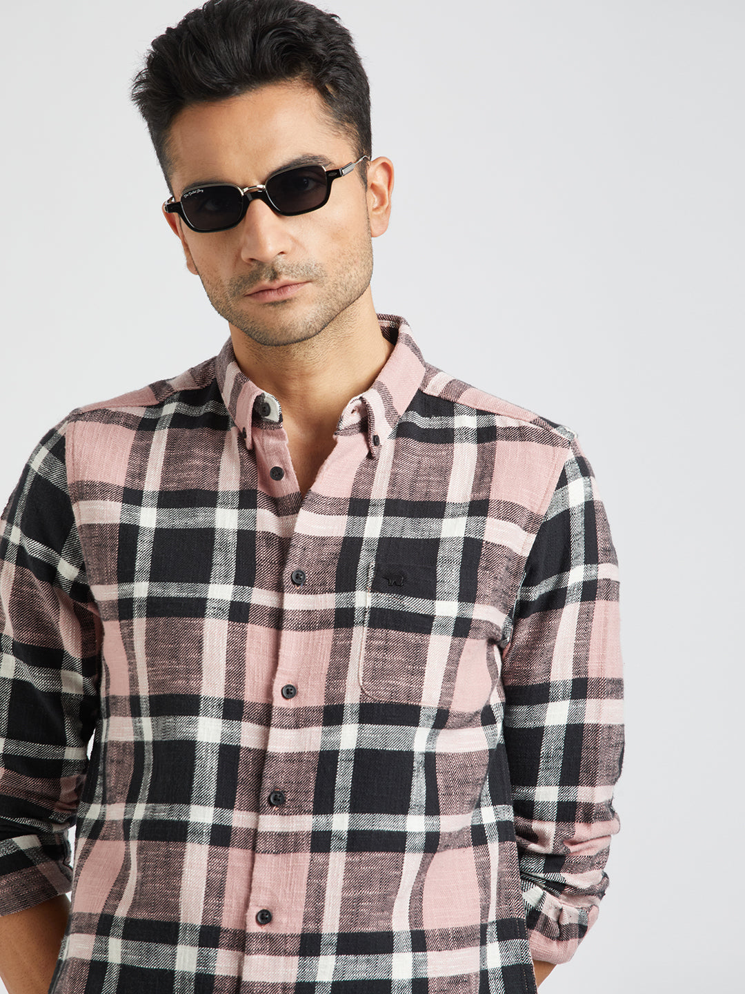 Mosel - Men Pink Checked Slim Fit Flannel Cotton Casual Shirt | The Bear House