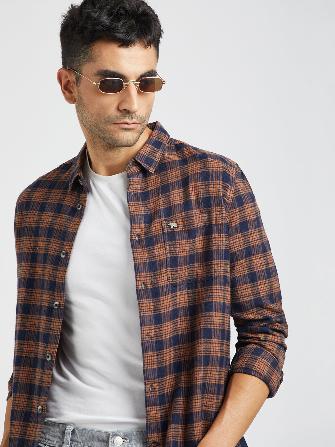 Newon - Men Orange Checked Slim Fit Flannel Cotton Casual Shirt | The Bear House