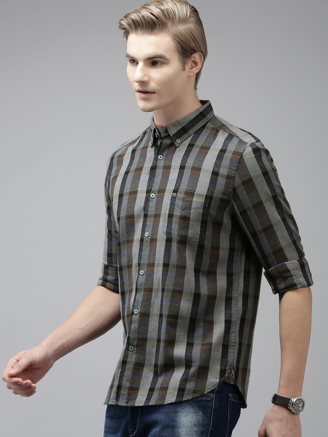 Nirosa - Men Blue Checked Slim Fit Cotton Casual Shirt | The Bear House