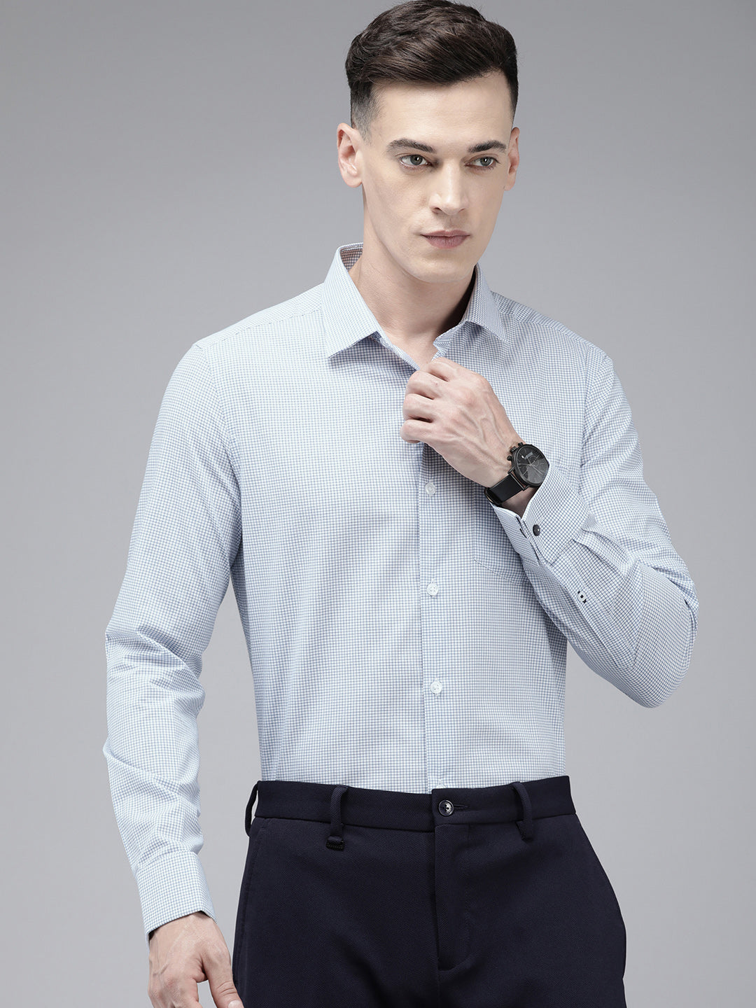 Nodar - Men Blue Micro Checked Slim Fit Formal Shirt with French Cuff | The Bear House