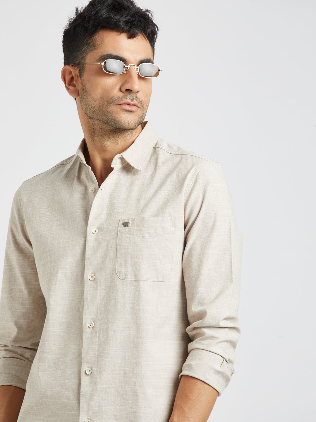 Men Beige Solid Slim Fit Cotton Casual Shirt