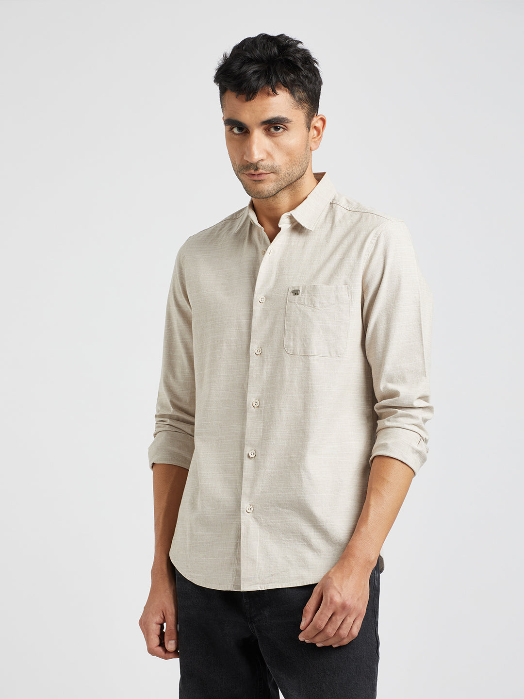 Men Beige Solid Slim Fit Cotton Casual Shirt