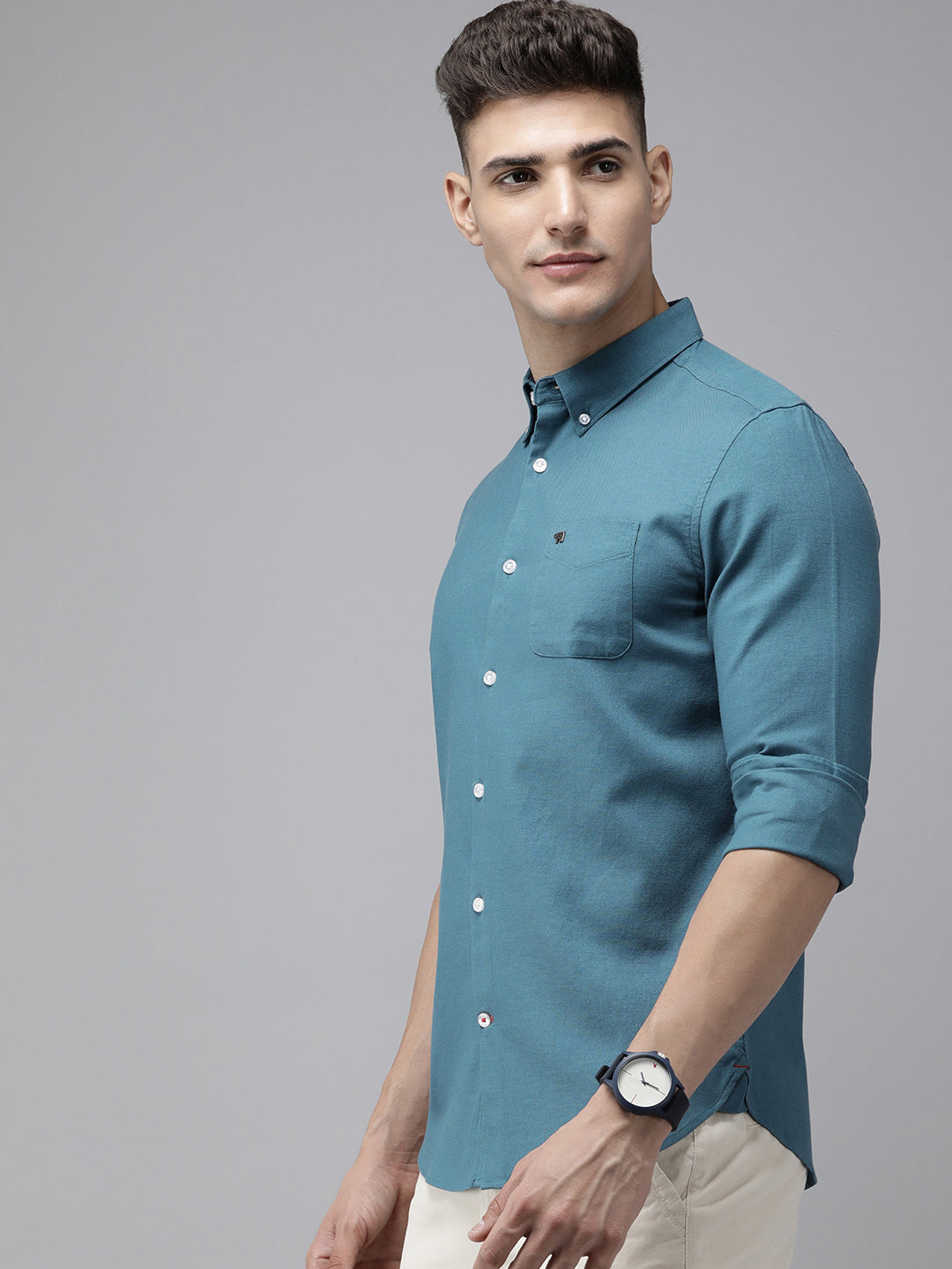 Ponsan - Men Teal Solid Slim Fit Cotton Lycra Casual Shirt | The Bear House