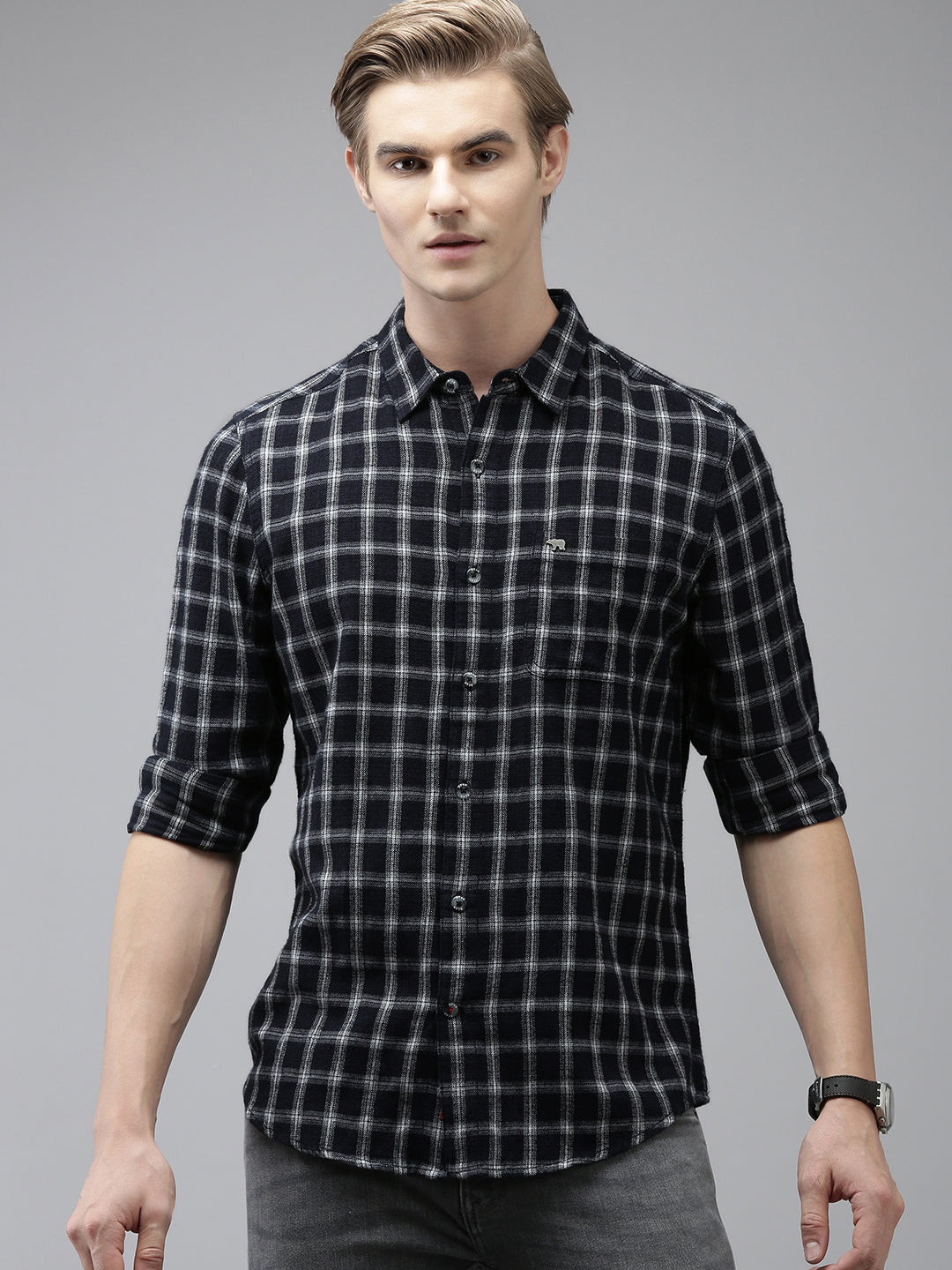 Prof - Men Navy Blue Checked Slim Fit Flannel Cotton Casual Shirt | The Bear House