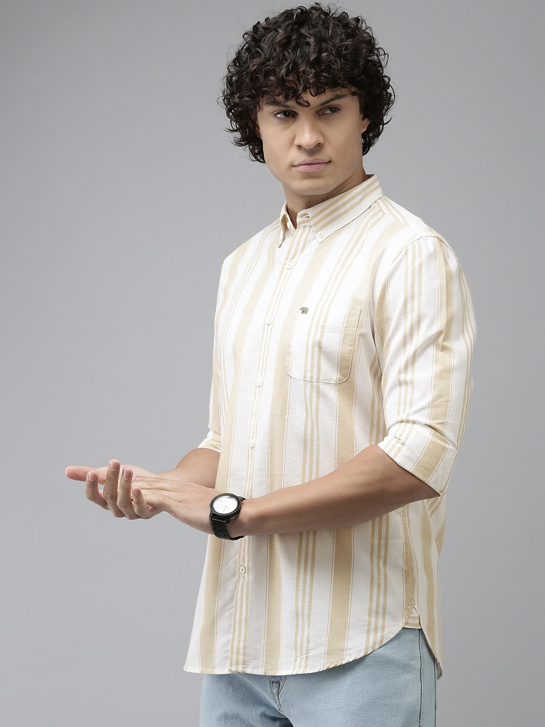 Raahe - Men Beige Striped Slim Fit Cotton Linen Casual Shirt | The Bear House