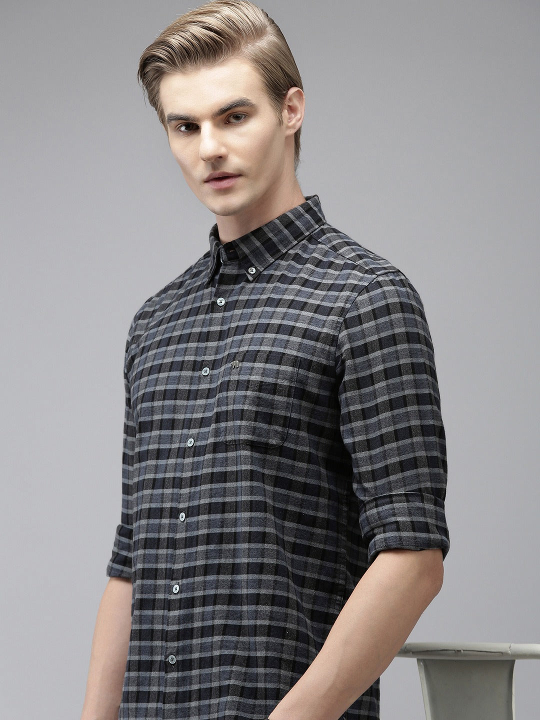 Rox - Men Blue Checked Slim Fit Cotton Casual Shirt | The Bear House