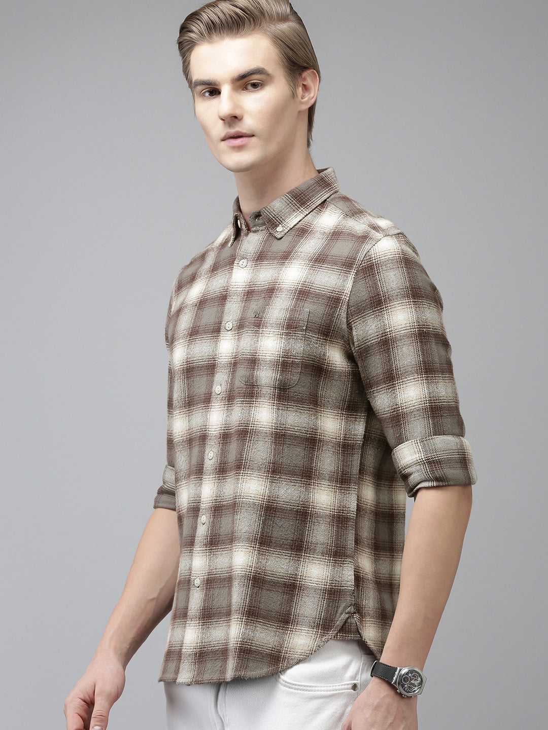 Sanca - Men Beige Checked Slim Fit Flannel Cotton Casual Shirt | The Bear House