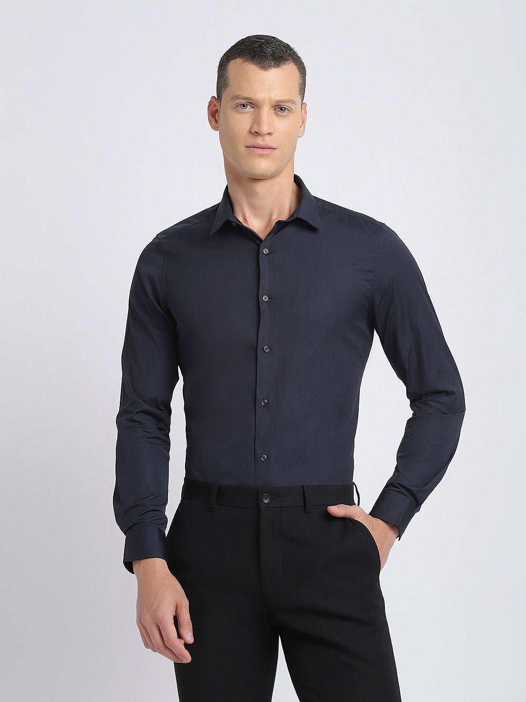 Men Blue Solid Slim Fit Cotton Formal Shirt