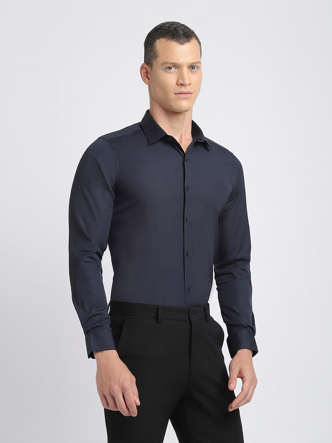 Men Blue Solid Slim Fit Cotton Formal Shirt