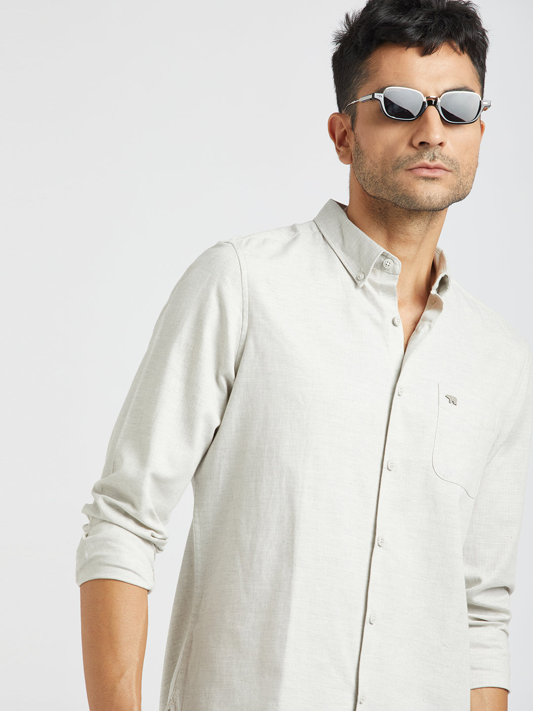Sivan - Men Grey Solid Slim Fit Cotton Casual Shirt | The Bear House