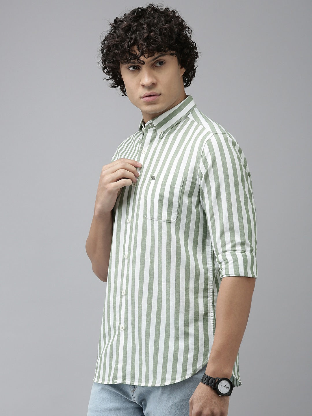Somero - Men Green Striped Slim Fit Cotton Linen Casual Shirt | The Bear House
