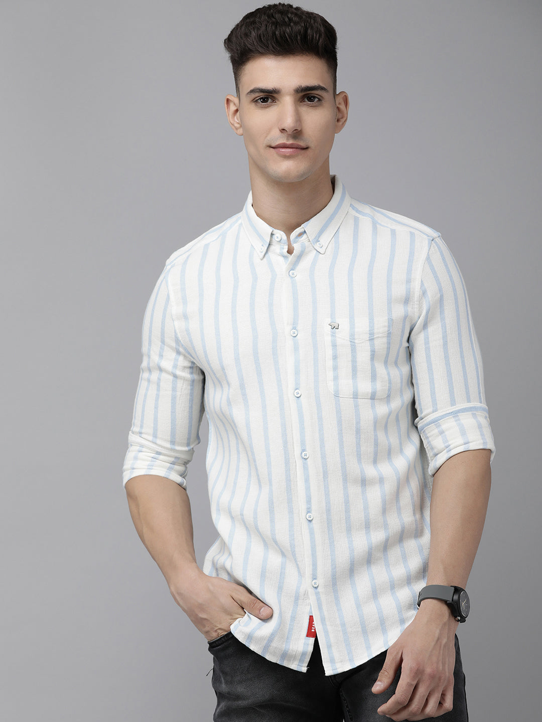 Tesh - Men Blue Vertical Striped Slim Fit Cotton Viscose Casual Shirt | The Bear House