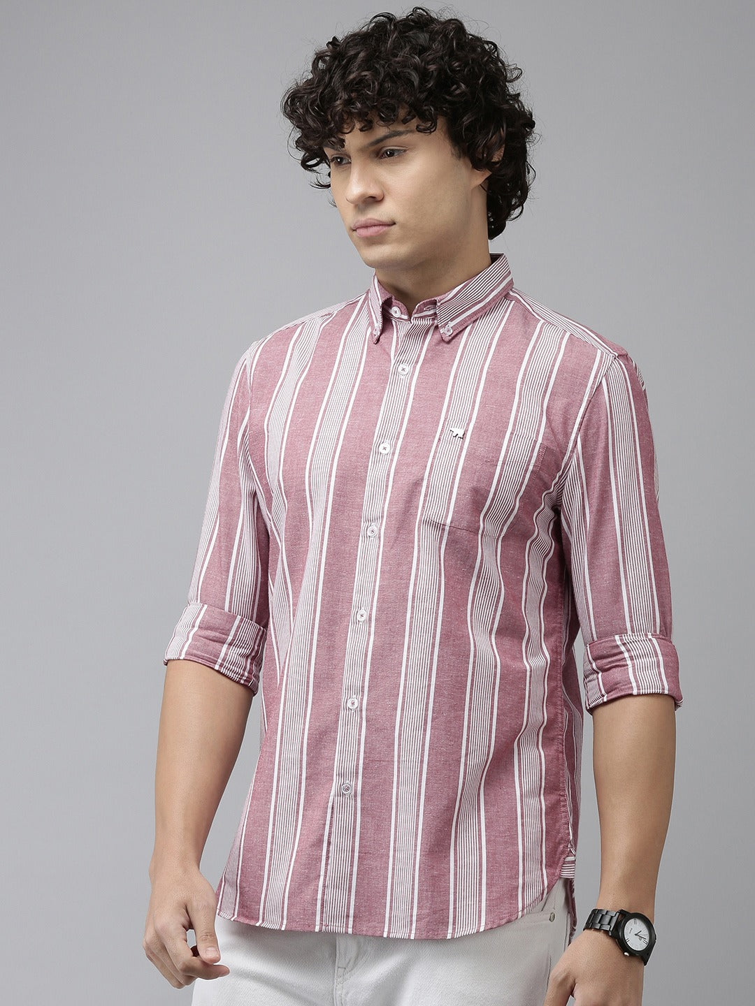 Tornio - Men Maroon Striped Slim Fit Cotton Linen Casual Shirt | The Bear House