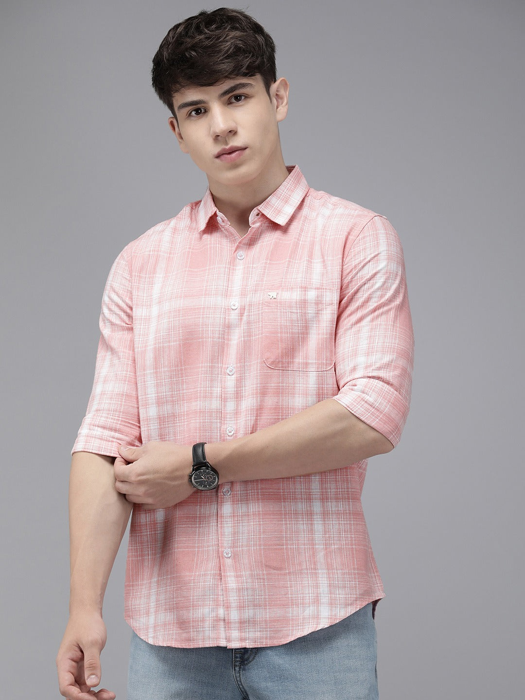 Yemi - Men Pink Checked Slim Fit Cotton Blend Casual Shirt | The Bear House