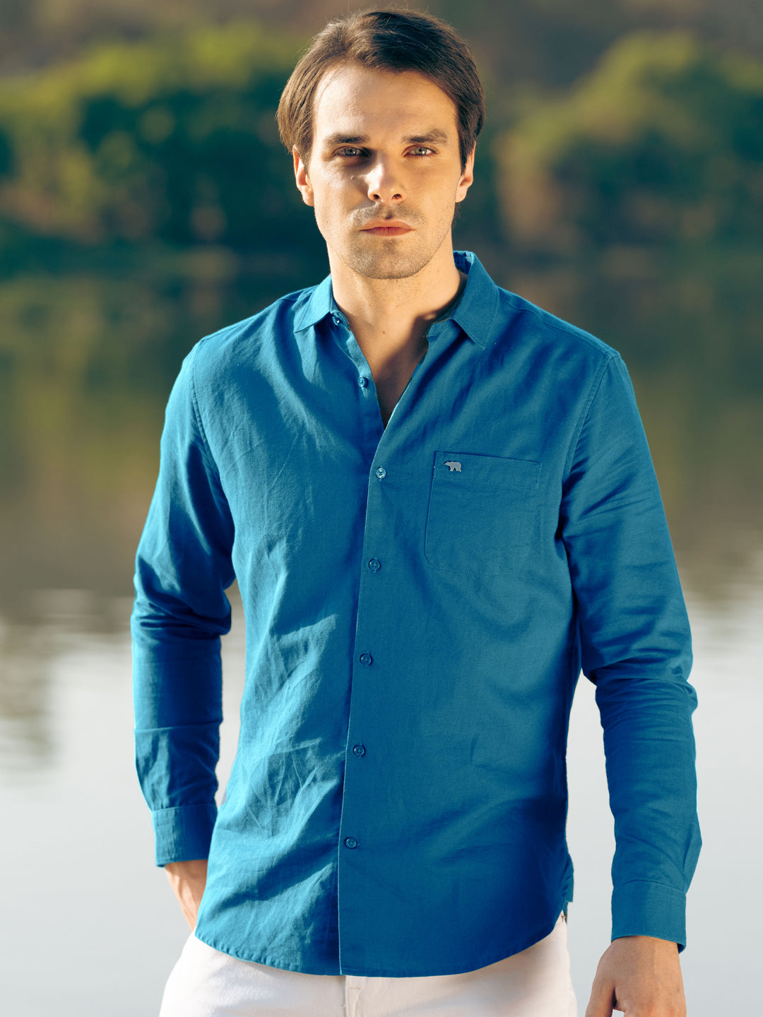 Peyote - Men Teal Solid Slim Fit Cotton Linen Casual Shirt | The Bear House