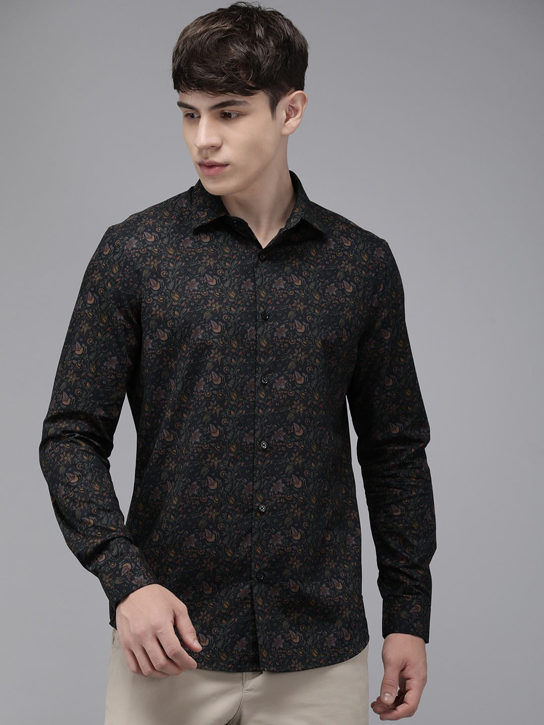 Men Black Printed Slim Fit Cotton Casual Shirt