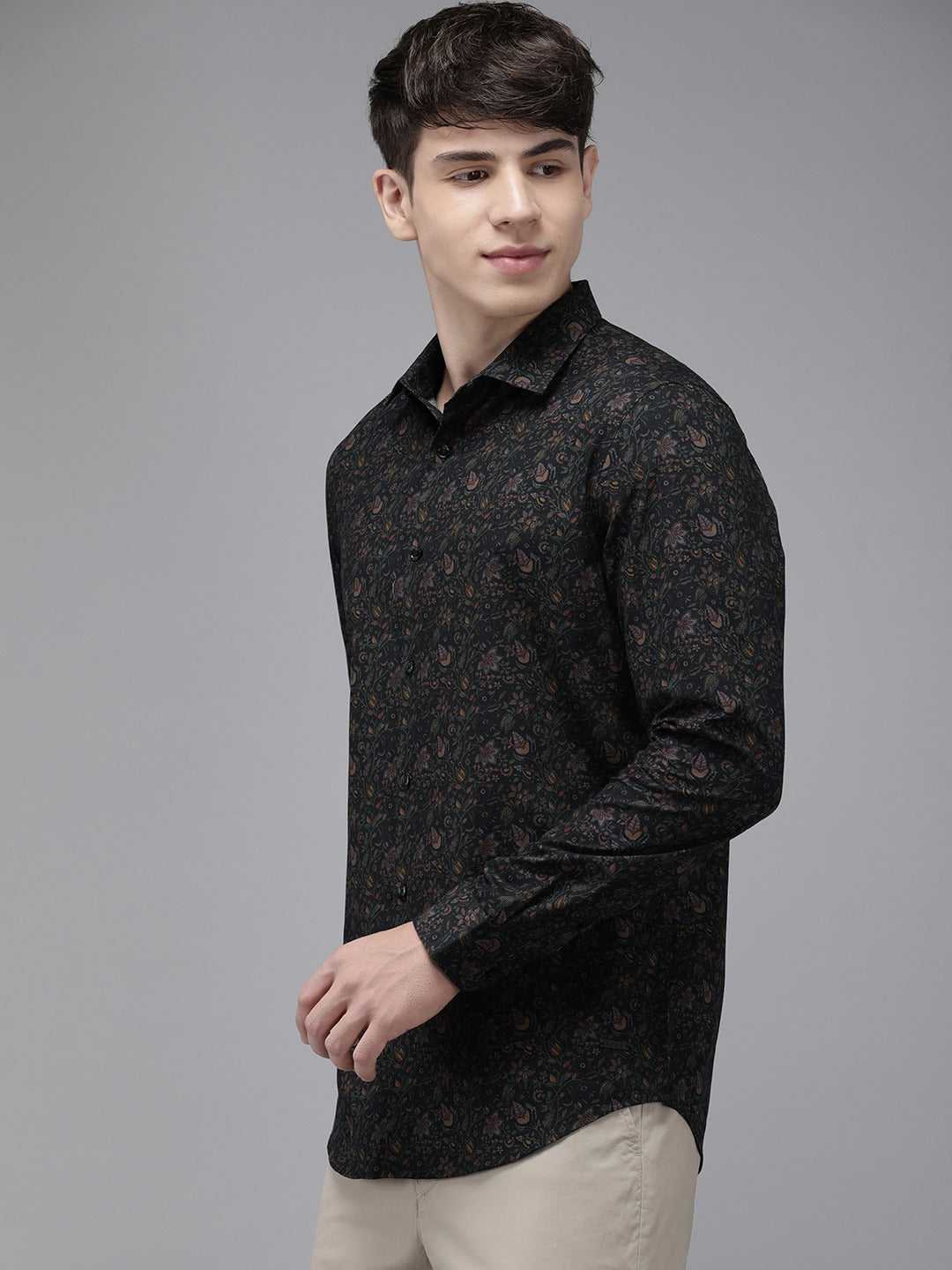 Men Black Printed Slim Fit Cotton Casual Shirt