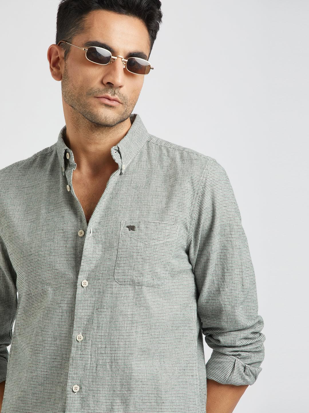 Accent - Men Cream Checked Slim Fit Cotton Casual Shirt | The Bear House