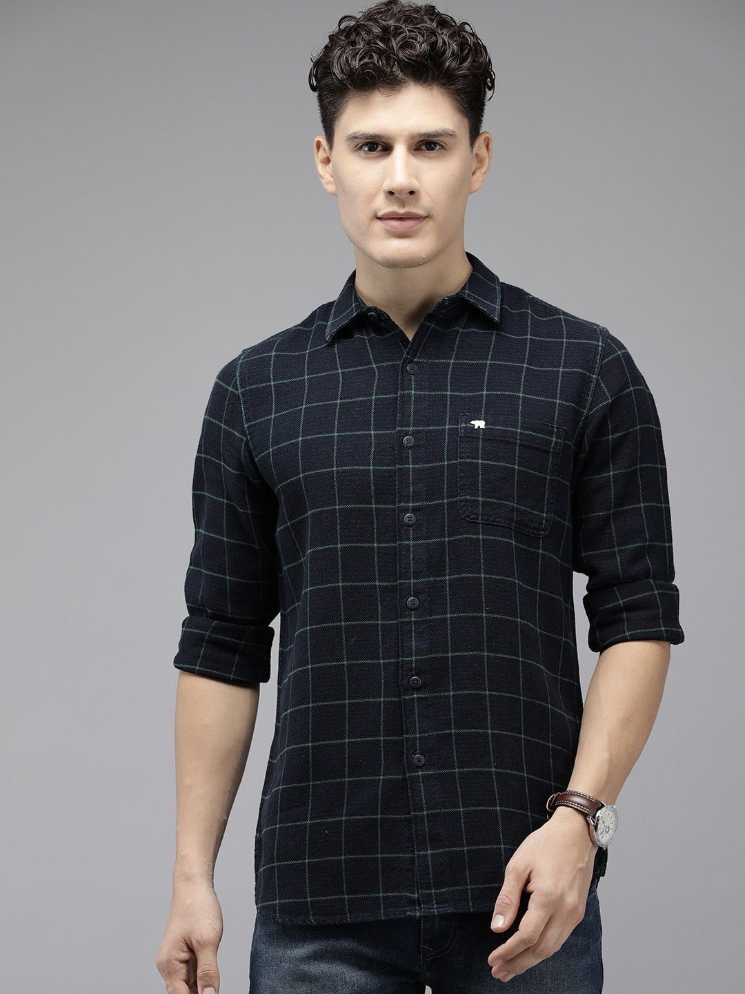 Amelie - Men Blue Checked Indigo Dyed Cotton Casual Shirt | The Bear House