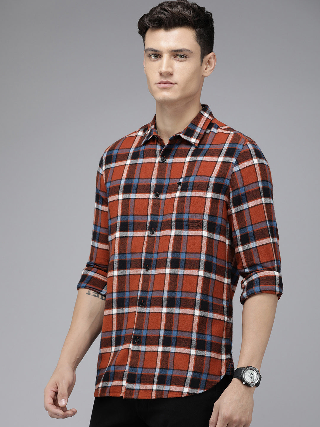 Ati - Men Orange Checked Slim Fit Flannel Cotton Casual Shirt | The Bear House