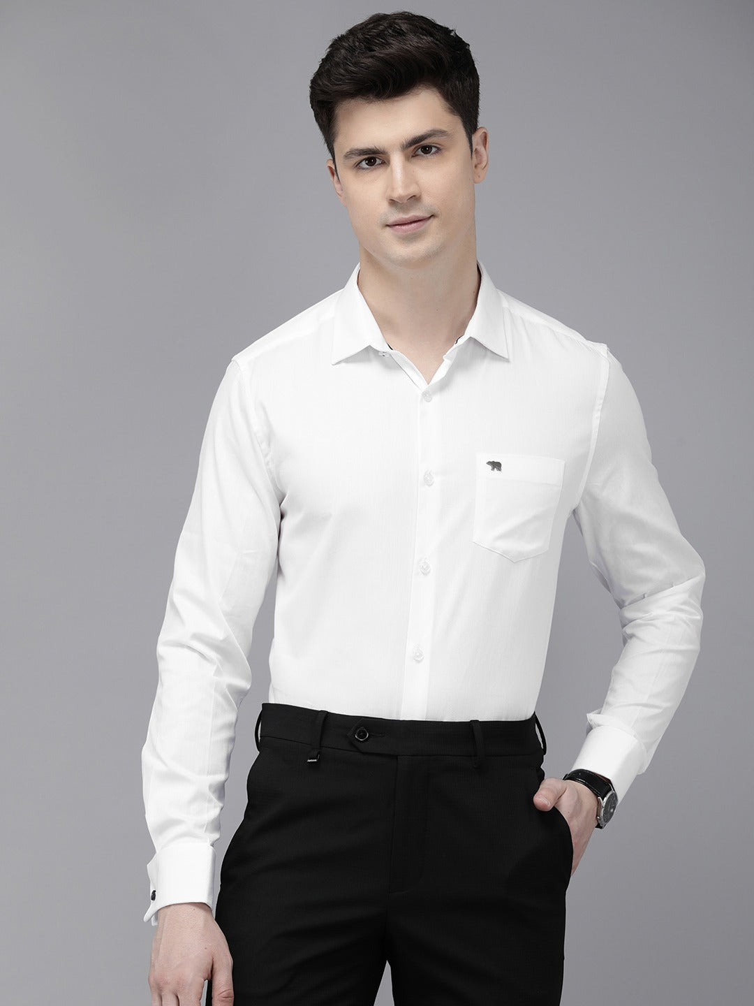 Men White Solid Slim Fit Cotton Formal Shirt With French Cuff