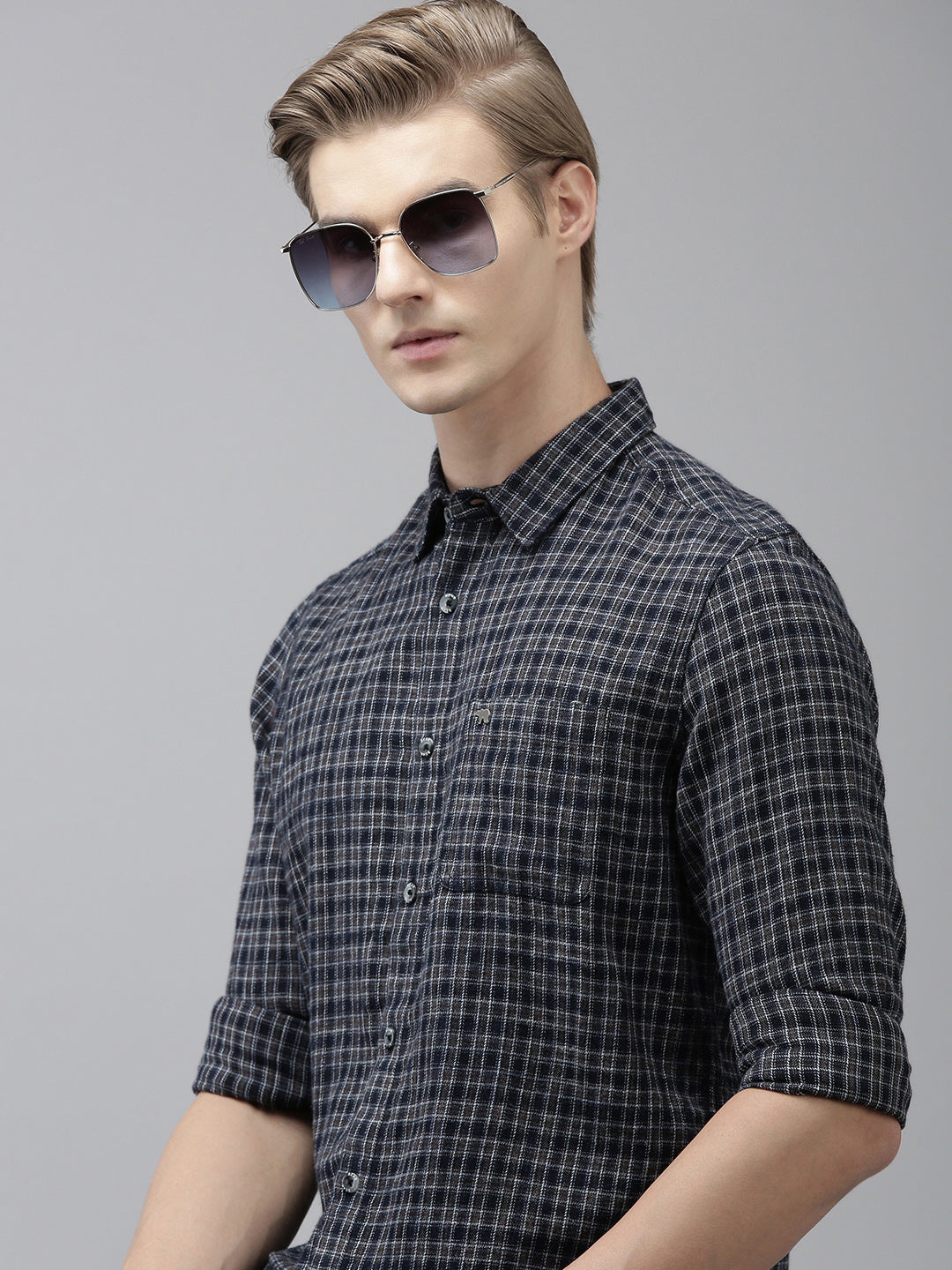 Boceli - Men Blue Checked Slim Fit Flannel Cotton Casual Shirt | The Bear House