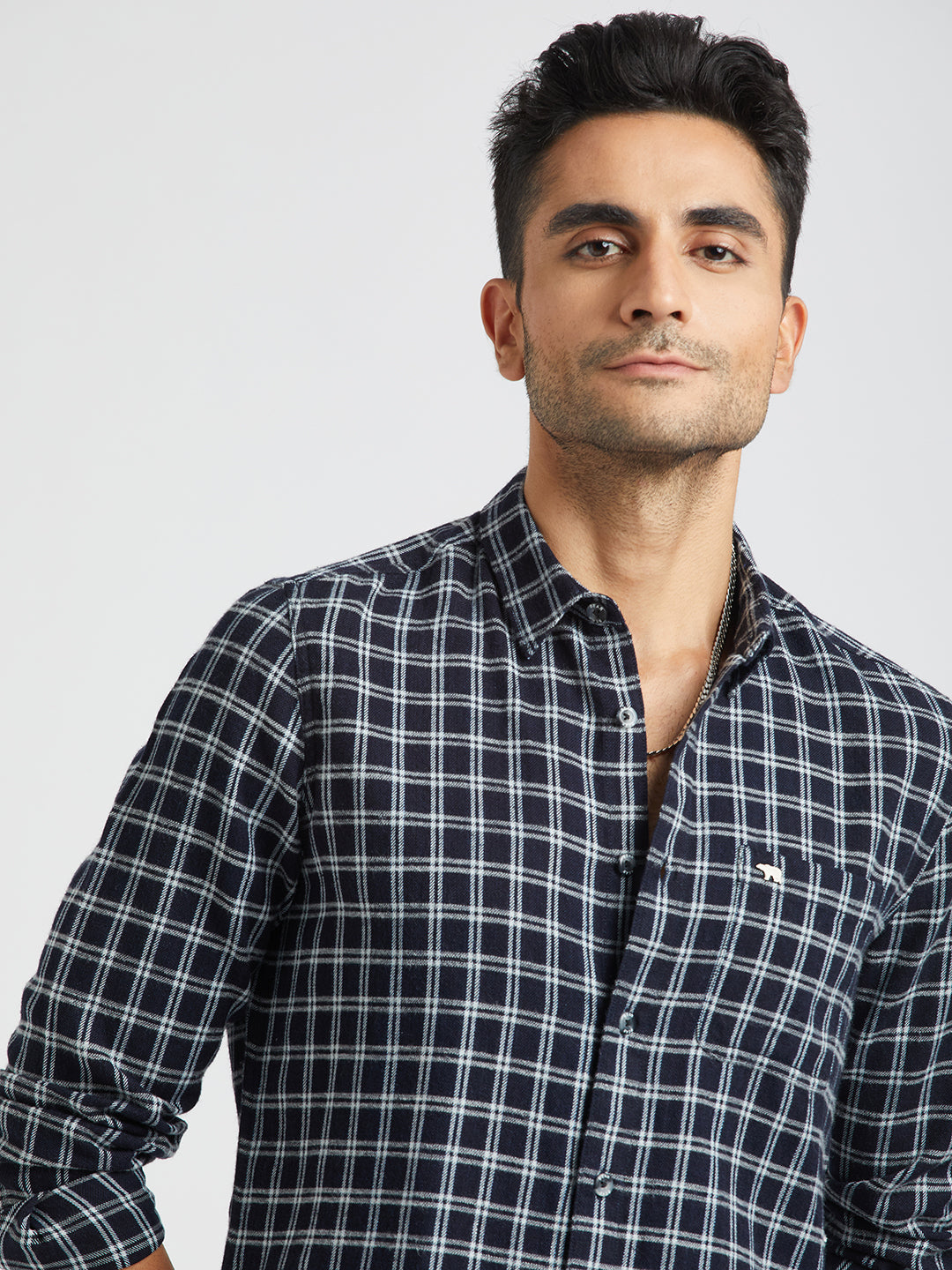 Bormi - Men Blue Checked Slim Fit Flannel Cotton Casual Shirt | The Bear House