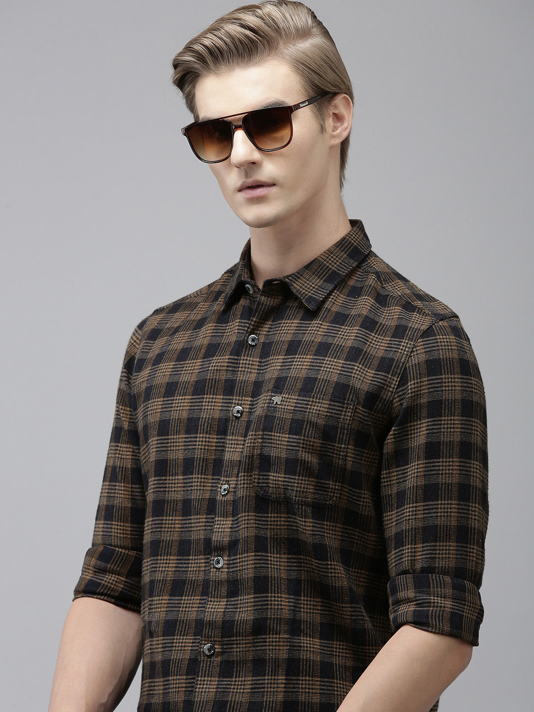 Bublix - Men Blue Checked Slim Fit Flannel Cotton Casual Shirt | The Bear House