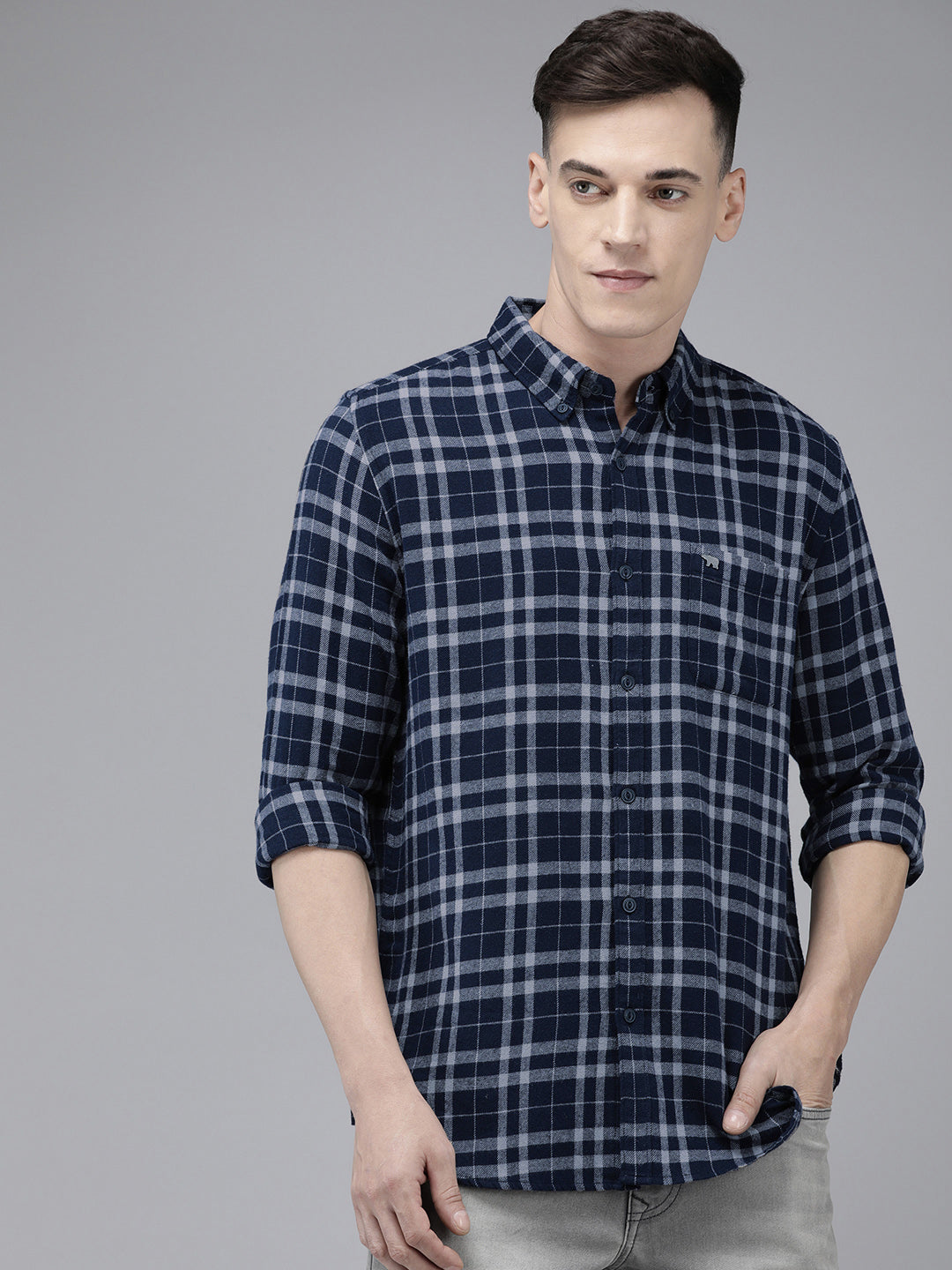 Caplan - Men Blue Checked Slim Fit Flannel Cotton Casual Shirt | The Bear House
