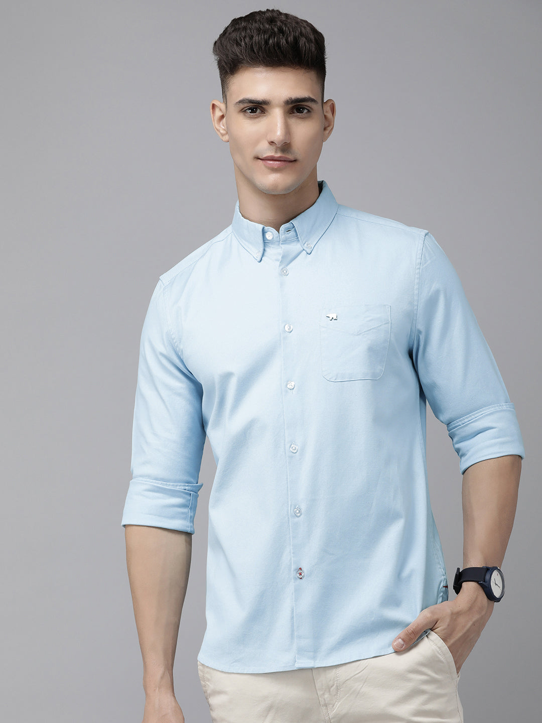 Chelos - Men Blue Solid Slim Fit Cotton Casual Shirt | The Bear House